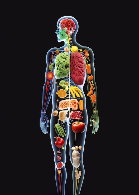 Schema del corpo umano di vegetariano di frutta e verdura su sfondo nero Concetto di alimentazione sana e vegetarismo Illustrazione dell'IA generativa