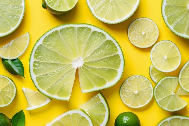 Schema di fette di lime verde su sfondo di colore giallo vibrante Minima consistenza di cibo piatto