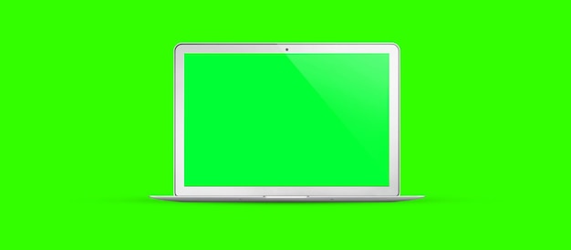 Schema di schermata vuota per portatile Computer vista aperta schermata verde vuota su sfondo verde brillante spazio di copia banner illustrazione 3D
