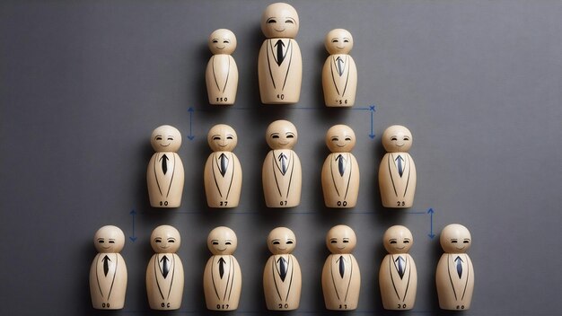 Schema organizzativo gerarchico dell'azienda utilizzando bambole di legno su sfondo grigio con spazio di copia