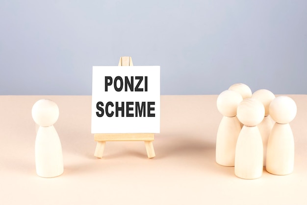 SCHEMA PONZI testo su cavalletto con concetto di riunione di figure in legno