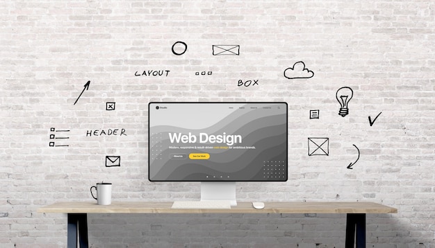 Schermata del desktop che mostra una homepage di uno studio di web design circondata da schizzi di UI disegnati a mano