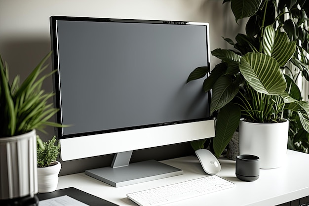 Schermata desktop vuota con mockup di piante d'appartamento e articoli per ufficio
