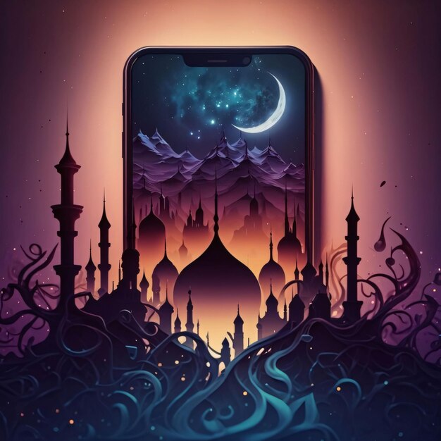 Schermata di smartphone con torri di moschee intorno alle radici delle spine Moschea come luogo di preghiera per i musulmani