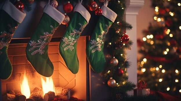 Schermata verticale da vicino sul camino decorato con calze accanto a un albero di Natale verde e R