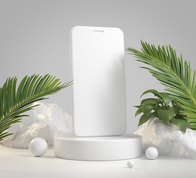 Schermata vuota senza cornice per smartphone mockup per applicazione mobile con rendering 3d di sfondo scena tropicale