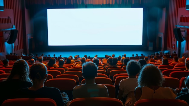 schermo bianco del cinema e persone su sedie rosse nella sala del cinema sfocate silhouette di persone che guardano una rappresentazione cinematografica