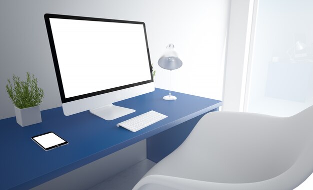 Schermo bianco del computer dell&#39;ufficio blu