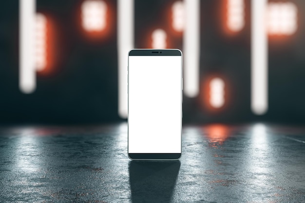 Schermo bianco vuoto dello smartphone su una superficie di cemento con luci notturne sfocate sullo sfondo Mockup rendering 3D