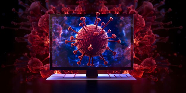 Schermo del computer che mostra una notifica di aggiornamento dell'installazione con un simbolo di virus AI Generative