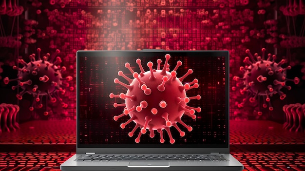 Schermo del computer che mostra una notifica di aggiornamento dell'installazione con un simbolo di virus AI Generative