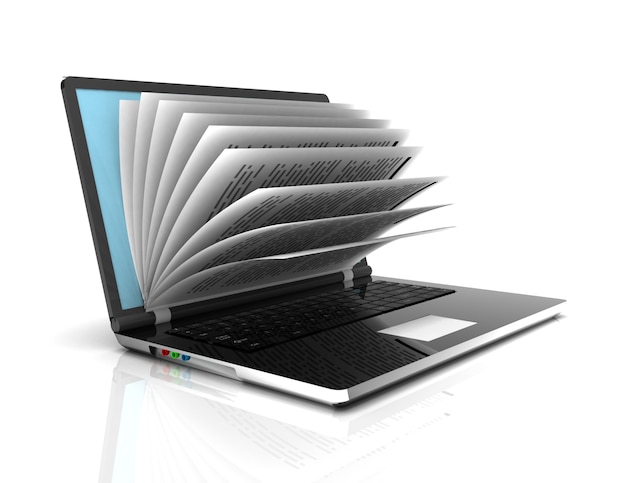 Schermo del computer portatile della foto di riserva come blocco note o libro su fondo bianco.
