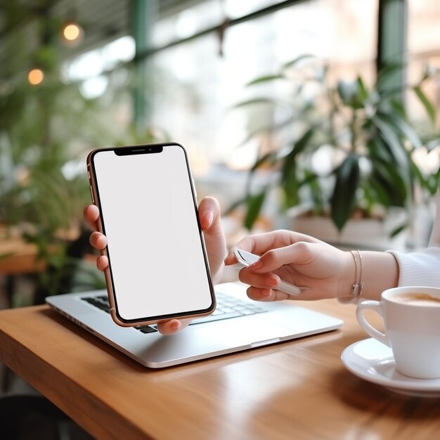 schermo del computer vuoto telefono cellulare mockupaffari al tavolo in un caffè