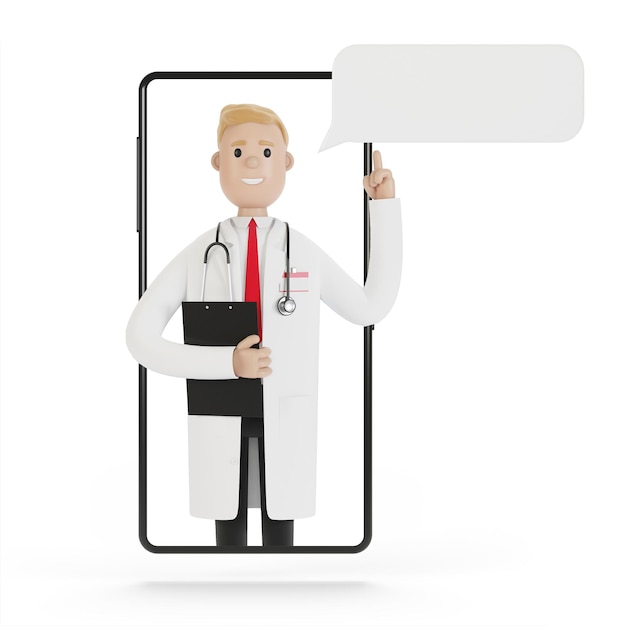 Schermo dello smartphone con medico maschio. Consulenza online, servizi medici. Illustrazione 3D in stile cartone animato.