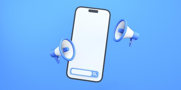 schermo dello smartphone con megafoni nell'illustrazione 3d su sfondo blu