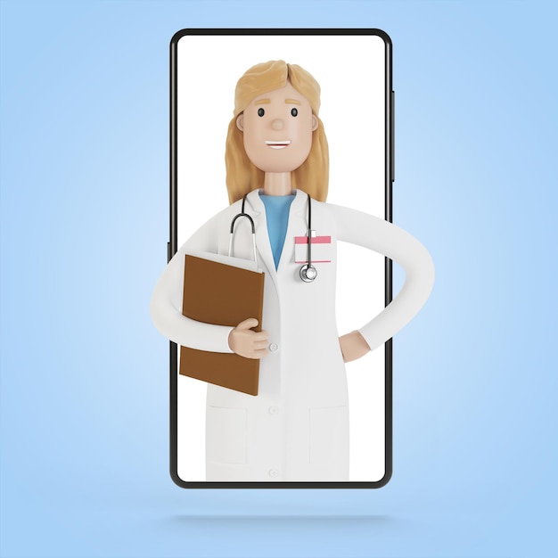 Schermo dello smartphone con una dottoressa. Consulenza online, servizi medici. Illustrazione 3D in stile cartone animato.