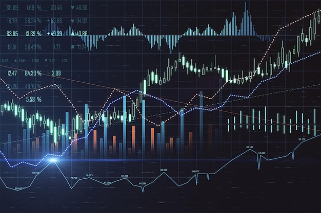 Schermo digitale di concetto di mercato azionario con grafici finanziari candeliere diagramma incandescente e indicatori di borsa