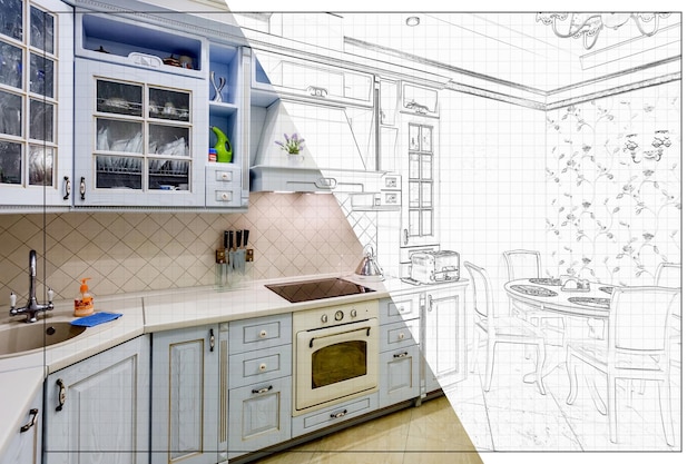 Schermo diviso di disegno e foto dell'interno della cucina moderna in appartamento piatto dall'idea alla realizzazione del prodotto finito