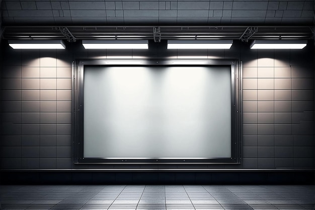Schermo light box con spazio vuoto bianco per la pubblicità sulla parete della sala sotterranea IA generativa