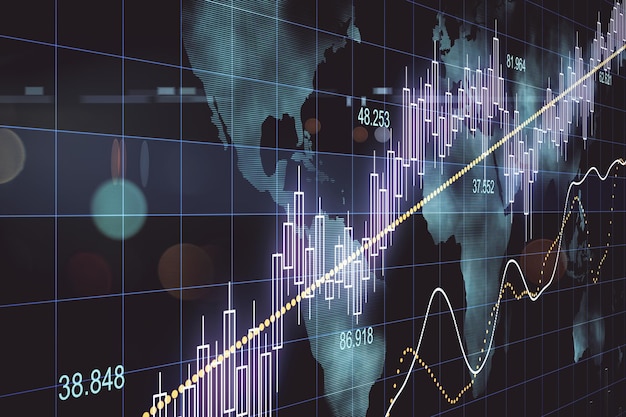 Schermo virtuale con grafici azionari e mappa del mondo digitale