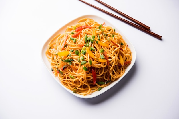 Schezwan Noodles o verdure Hakka Noodles o chow mein è una popolare ricetta indo-cinese, servita in una ciotola o in un piatto con bacchette di legno. messa a fuoco selettiva