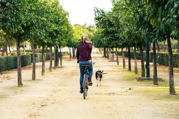 Schiena di una donna bionda che va in bicicletta mentre porta a spasso il cane in un parco pubblico