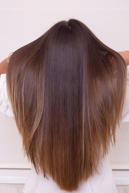 Schiena femminile con capelli castani lunghi e lisci nel salone di parrucchiere