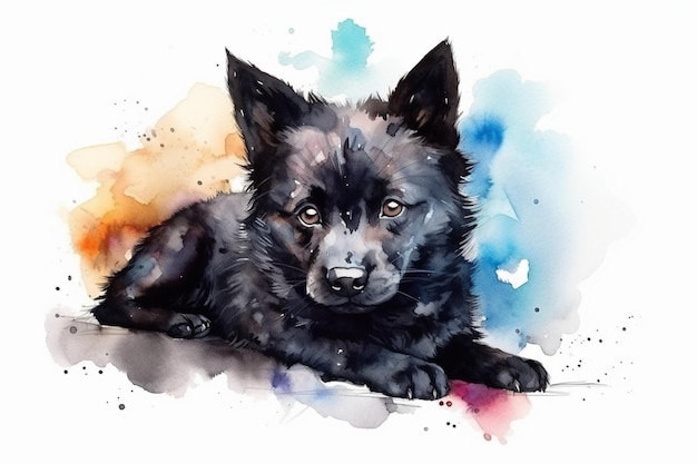 Schipperke adorabile illustrazione dell'acquerello del cucciolo di cane con macchie di colore tutte le razze di cani