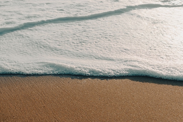 Schiuma di mare sulla riva della spiaggia al tramonto. Sfondo