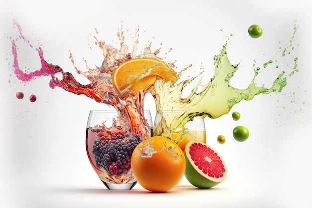 schizzi Composizione di frutta e bicchieri di succo isolati su sfondo bianco, generati dall'IA