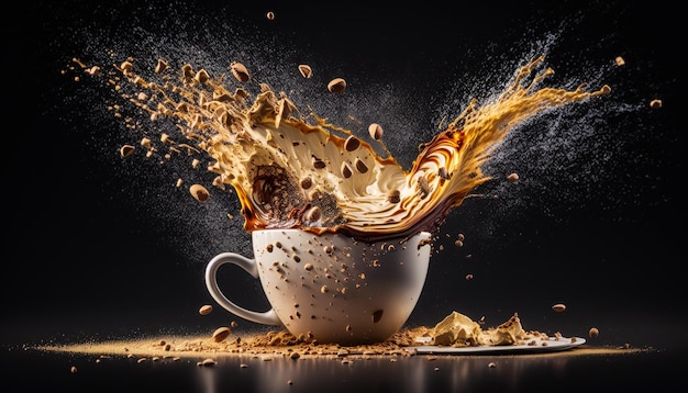 Schizzi di caffè dalla tazza su sfondo nero IA generativa