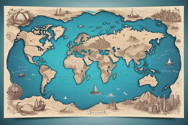 Schizzi di Doodle di bandiere di mappe del mondo disegnate a mano