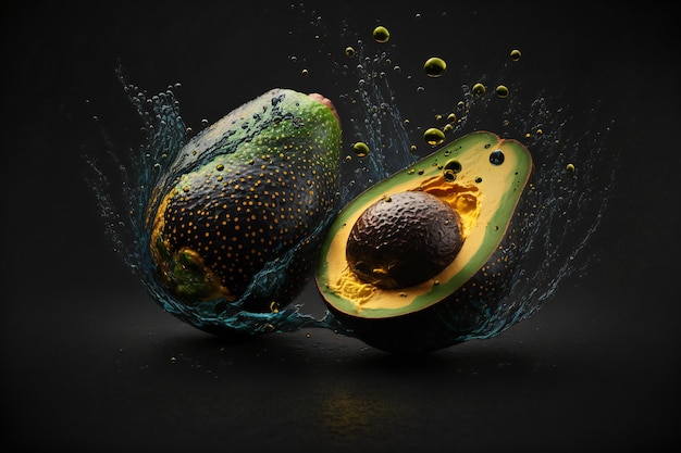 Schizzi di frutti di avocado isolati su sfondo nero