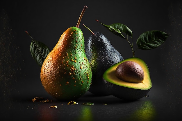 Schizzi di frutti di avocado isolati su sfondo nero