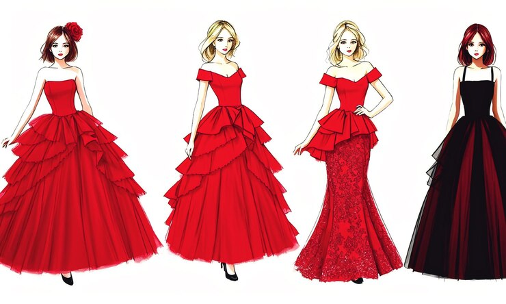 schizzi di illustrazione di moda di un vestito rosso