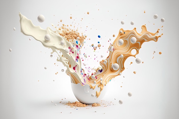 Schizzi di latte e cereali che cadono l'uno nell'altro su uno sfondo bianco