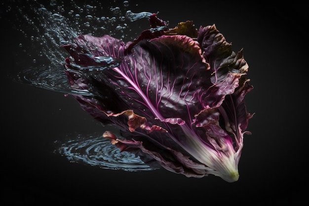 Schizzi di verdure radicchio isolati su sfondo nero