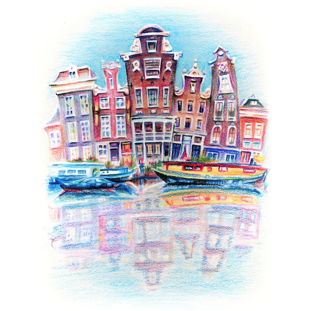 Schizzo a matita colorata di case tipiche di Amsterdam, Olanda, Paesi Bassi