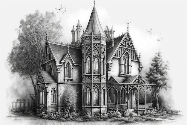 Schizzo a matita dettagliato della casa gotica con dettagli delicati e intricati motivi sulle finestre