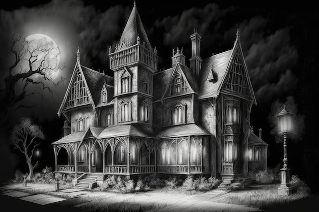Schizzo a matita di una casa gotica con dettagli spettrali e ombre contro il cielo notturno