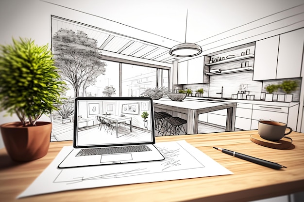 Schizzo CAD e progetto di interior design sullo schermo su scrivania in legno con laptop e tablet in primo piano con una brutta copia sullo sfondo e una cucina retrò in lontananza