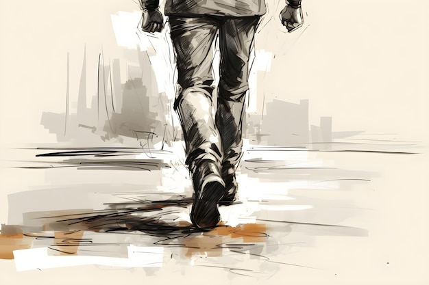 Schizzo che disegna una persona che cammina per strada