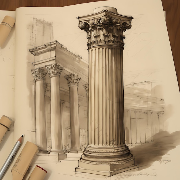 Schizzo Creare uno schizzo preliminare di una colonna corinthiana raffigurante una porta greca disegnata a mano
