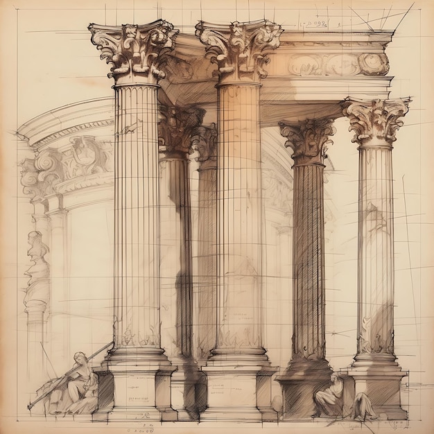 Schizzo Creare uno schizzo preliminare di una colonna corinthiana raffigurante una porta greca disegnata a mano