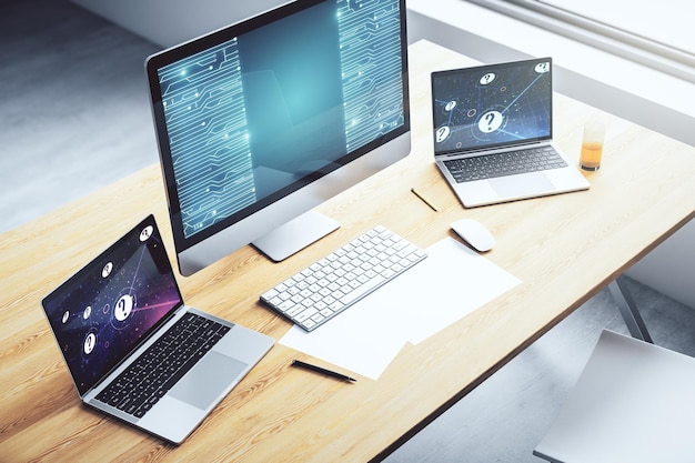 Schizzo creativo astratto del microcircuito sul moderno monitor portatile, tecnologia futura e concetto di intelligenza artificiale, rendering 3D
