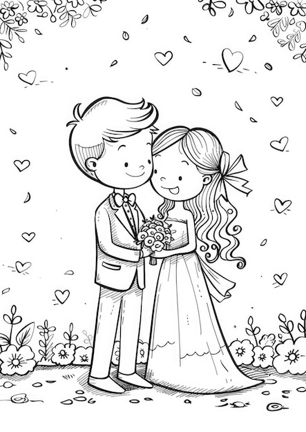 Schizzo da colorare in bianco e nero per bambini con tema di matrimonio semplice gioco Contorno solo ar 100141