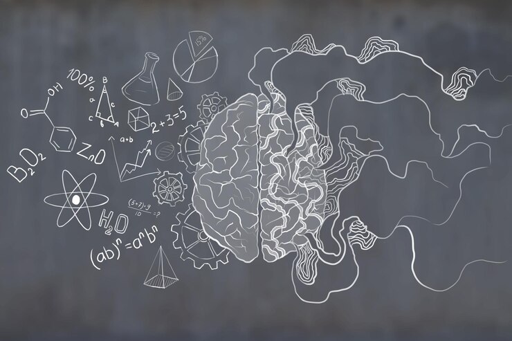 Foto schizzo del cervello dipinto a metà in bianco con raggi e diversi piccoli disegni su uno sfondo grigio scuro brainstorming e rendering 3d del concetto di creatività