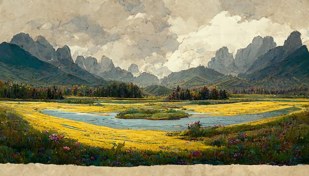 Schizzo dell'opera d'arte dell'illustrazione pacifica naturale. Favoloso paesaggio ad acquerello di montagne, fiori