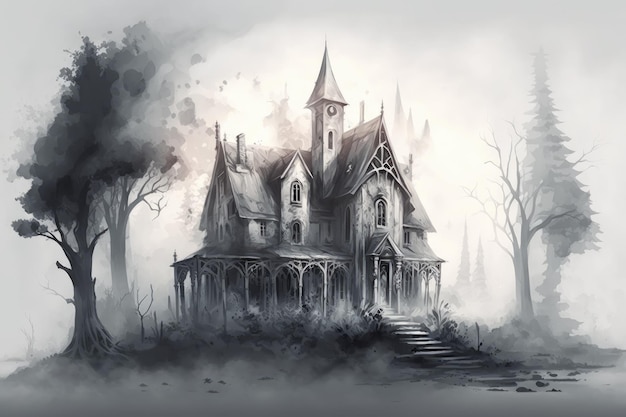 Schizzo di casa gotica circondata da nebbia nebbiosa e alberi ad alto fusto