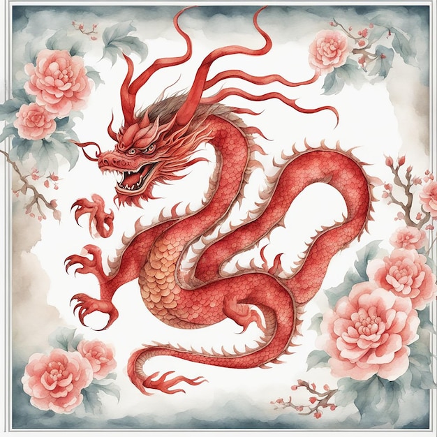 Schizzo di illustrazione dell'acquerello disegnato a mano del drago rosso cinese per il disegno decorativo della cultura asiatica